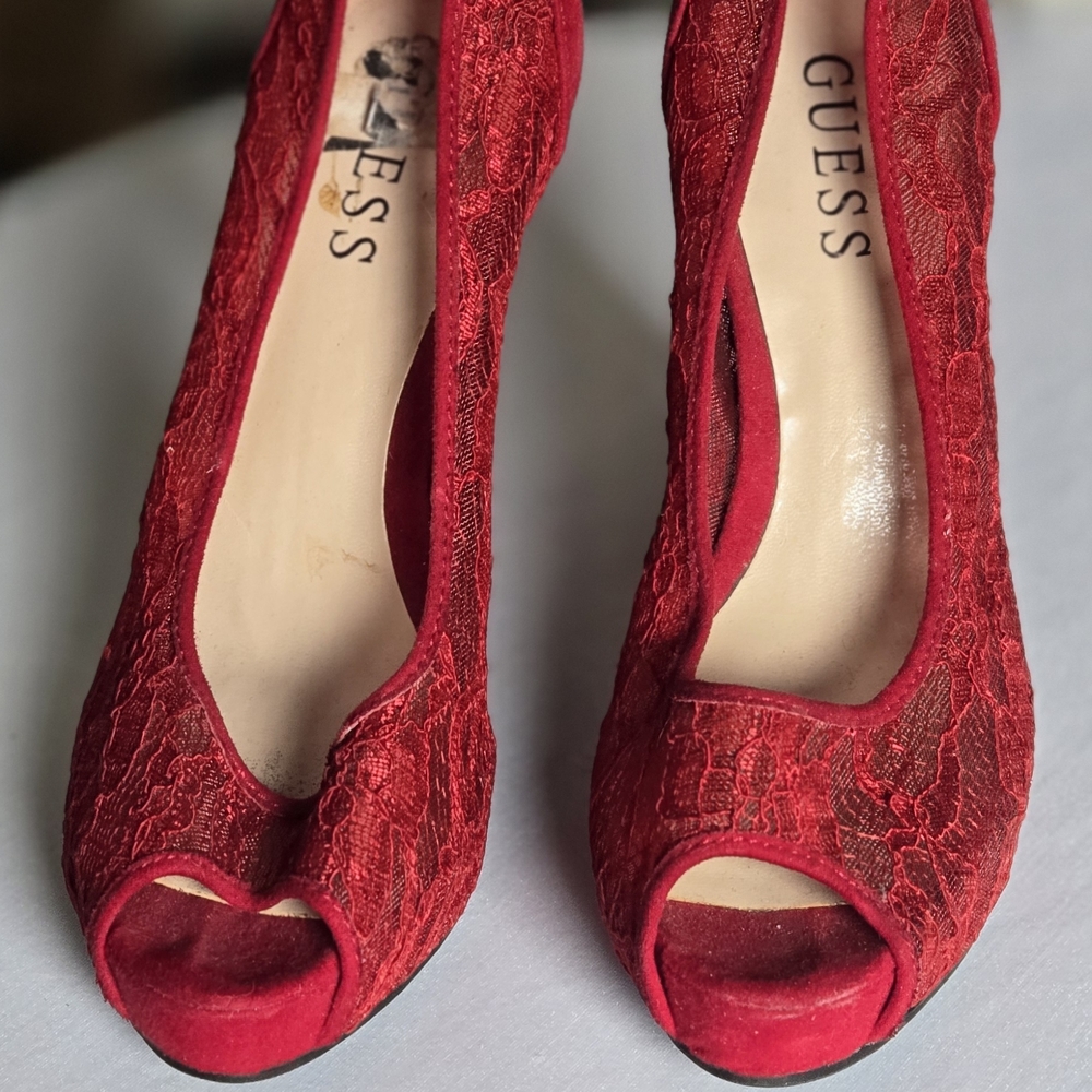 Guess Red Lace Peep-Toe Heels - Picture 5 of 6